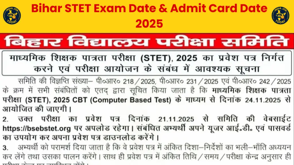 Exam Date and Admit Card for Bihar STET 2025
