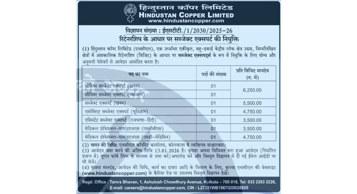 Hindustan Copper Limited Jobs 2026 — Subject Expert Vacancy Kolkata | Apply Online Before 13 Jan