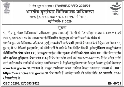 TRAI Vacancy 2025 Notification OUT | GATE Score se Direct Selection | Apply Online Link