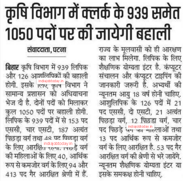 Bihar Krishi Vibhag Bharti 2026 – Clerk & Steno Vacancy